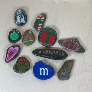 Hand-Painted Holiday Themed Stones + Dinosaur and MM- Set of 11